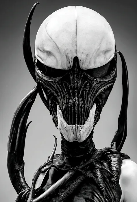 tiro de medio cuerpo, hyperrealism photography, beautiful model with avant-garde gelatin xenomorphic nun mask, cubierto de sangr...