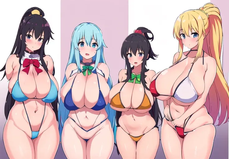 masterpiece, best quality, 4girls, ((gigantic sagging breasts, large breasts, gigantic breasts, sagging breasts)),(saggy tits:1.1),(sagging breast:1.1),(huge breasts:1.8), wearing a swimsuit, four anime girls in bikinis and a bow tie are standing in a line...