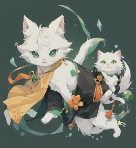 Yi，White cat，There is a round green jade stone on the chest，Wearing black and orange robes