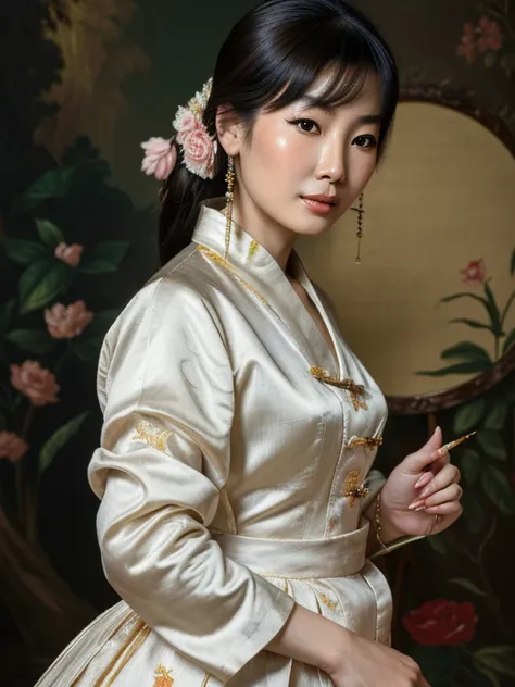 An extremely attractive 50s years old beautiful chinese woman, highly detailed painting, portrait, artwork by Francois Boucher, by Peter Paul Rubens,