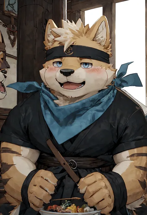 (masterpiece)，(Very detailed)，(best quality)，hairy，Shiba Inu，fur，white hair，Gray pupil，Chubby，(Shota)，(Japan samurai attire)，((blue scarf))，((Brown headband))，(blush:1.1)，((Close your eyes))，Happy expression，Temple Background，8K，(high quality)，(Ultra high ...