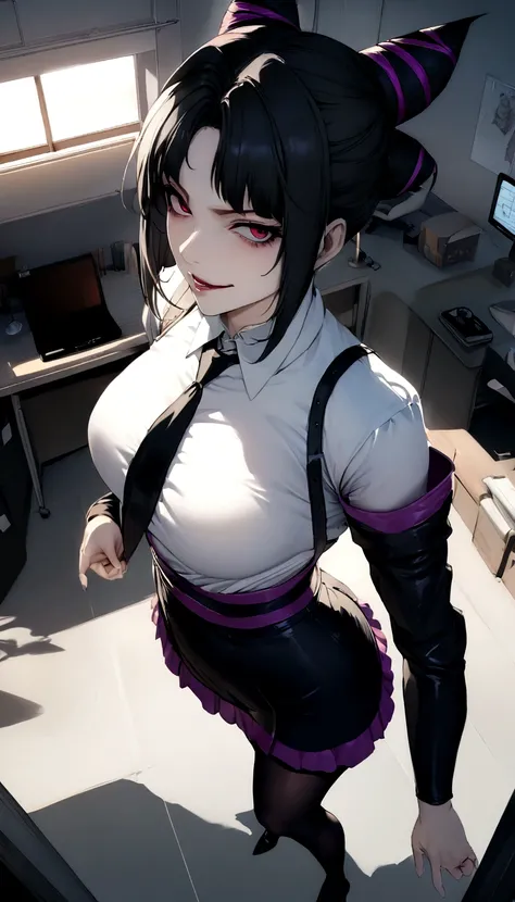 juri han, work of art, tight white secretary shirt with black tie, black high waist skirt, short skirt,stocking, black hair, black tights,evil smile,office,franja nos olhos,lighting,chifre de cabelos,view from above,olhando para cima
