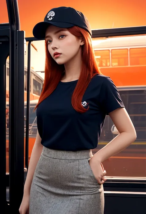 One girl, alone, Redhead, Red eyes, Double Tail, Employee uniforms, Pencil Skirt, Skull print, Navy Cap, Orange sky,, Outdoor, station, Stand in front of the bus,,