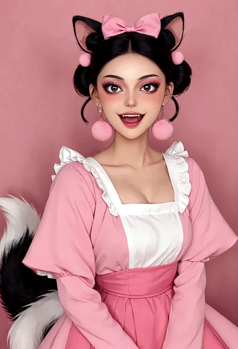 Beautiful face，beautiful eyes，Pink Eyeshadow，laughing out loud，Fangs，(((9 big, fluffy tails)))，Black high bun，Pink pompom earrings，Pink maid outfit，