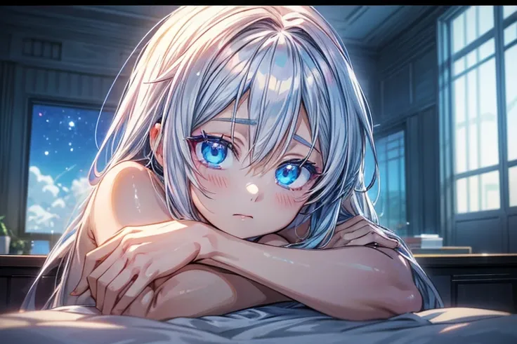 nude anime girl with white hair and blue eyes in a room, an anime drawing inspired by Puru, trending on pixiv, mingei, rogue anime girl ayanami rei, close up of a young anime girl, screenshot from a 2012s anime, still from tv anime, white fox anime, with h...