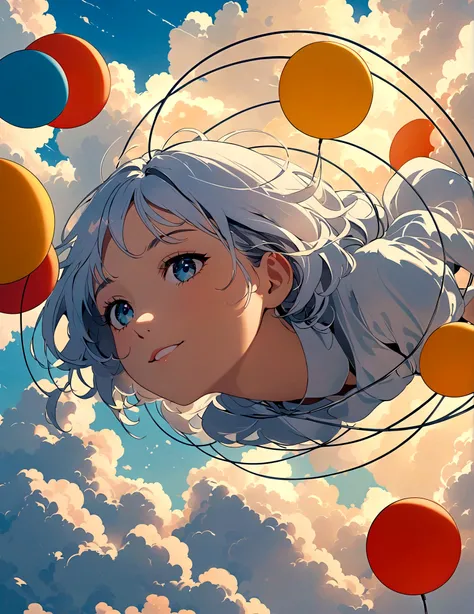 masterpiece, Top quality, Stills, A girl, Floating in the air, cloud girl, cloud, (close up: 1.1), bright, Happy, pleasure, soft light, (Bauhaus, shape, Wire, Abstract: 1.1), Panda ears