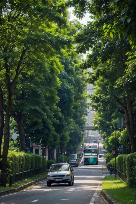 City image,  covered with greenery, where buildings and roads intertwine with forests and gardens