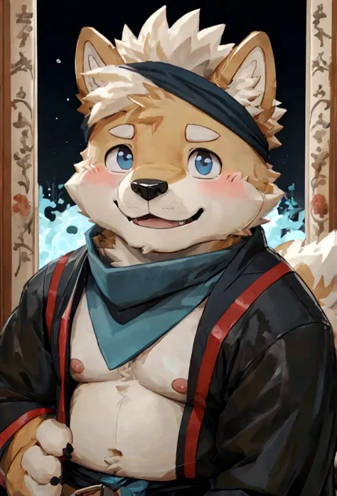 (masterpiece)，(Very detailed)，(best quality)，hairy，Shiba Inu，fur，white hair，Gray pupil，Chubby，(Shota)，(Japan samurai attire)，((blue scarf))，((Brown headband))，(blush:1.1)，((Close your eyes))，Happy expression，Temple Background，8K，(high quality)，(Ultra high ...