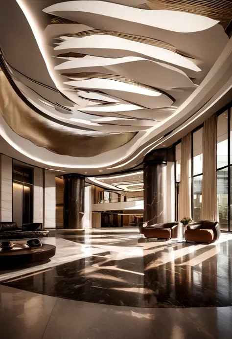 Luxury hotel lobby interior, modern materials, style by ZAHA HADID, morning, real photo