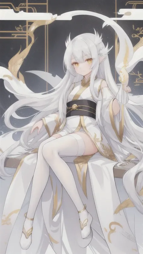 Long silver hair，white dragon horn，Golden Eyes，silver hanfu，white stockings