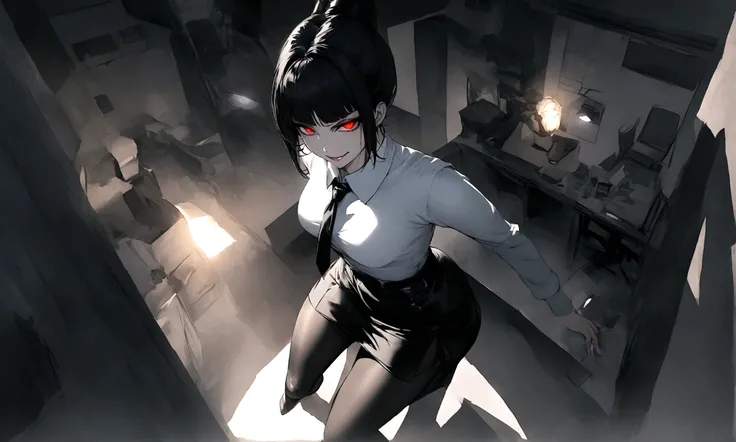 juri han, work of art, tight white secretary shirt with black tie, black high waist skirt, short skirt,stocking, black hair, black tights,evil smile,office,franja nos olhos,lighting,chifre de cabelos,view from above,olhando para cima
