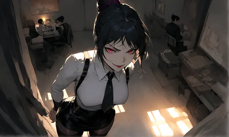 juri han, work of art, tight white secretary shirt with black tie, black high waist skirt, short skirt,stocking, black hair, black tights,evil smile,office,franja nos olhos,lighting,chifre de cabelos,view from above,olhando para cima
