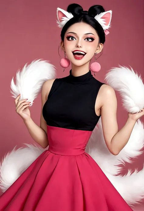 beautiful face，beautiful eyes，pink eyeshadow，laughing out loud，fangs，(((9 big, fluffy tails)))，black high bun，pink pompom earrin...