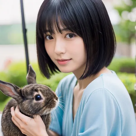 Japanese women、Black Hair、Short Bob、Delicate face、Beauty、Playing with a rabbit