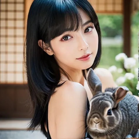 Japanese women、Black Hair、Short Bob、Delicate face、Beauty、Glamorous makeup、Playing with a rabbit