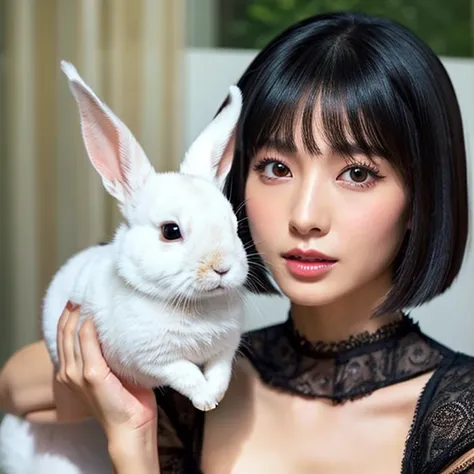 Japanese women、Black Hair、Short Bob、Delicate face、Beauty、Glamorous makeup、Looking at a rabbit