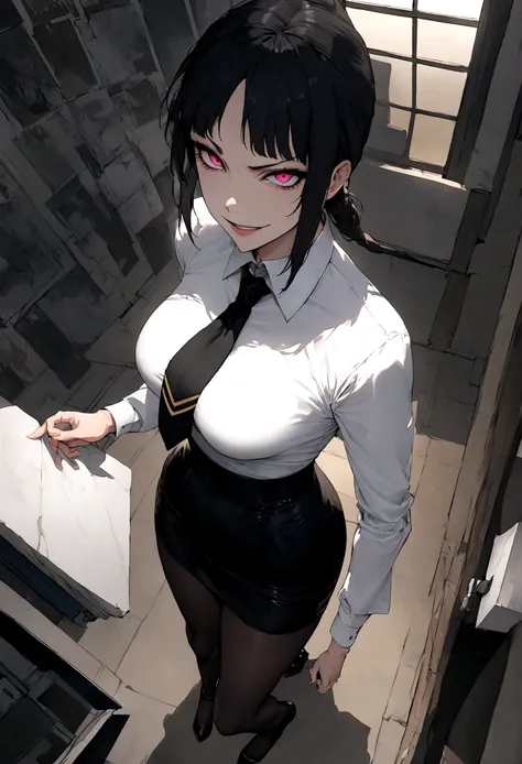 juri han, work of art, tight white secretary shirt with black tie, black high waist skirt, short skirt,stocking, black hair, black tights,evil smile,office,franja nos olhos,lighting,chifre de cabelos,view from above,olhando para cima
