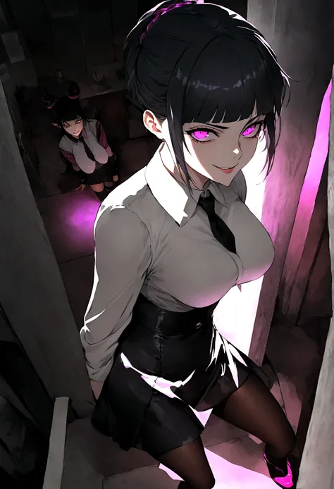 juri han, work of art, tight white secretary shirt with black tie, black high waist skirt, short skirt,stocking, black hair, black tights,evil smile,office,franja nos olhos,lighting,chifre de cabelos,view from above,olhando para cima
