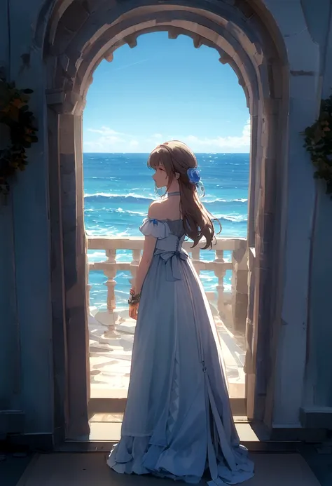 A girl looking at the sea from the inn&#39;s corridor、There&#39;s a train running on the sea