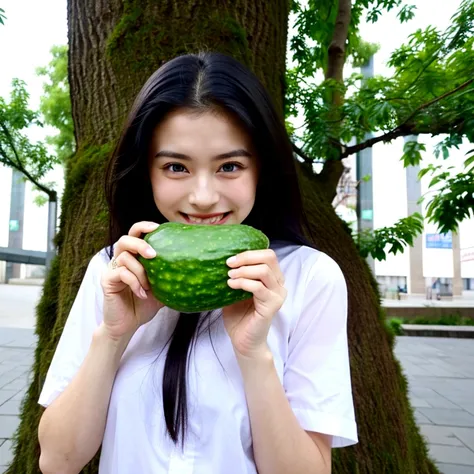 a girl 25 years old, long  straight black hair, blue eyes, smile, nice and kind, holding cucumber, white shirt with font, on top of tree, (show cheest), 