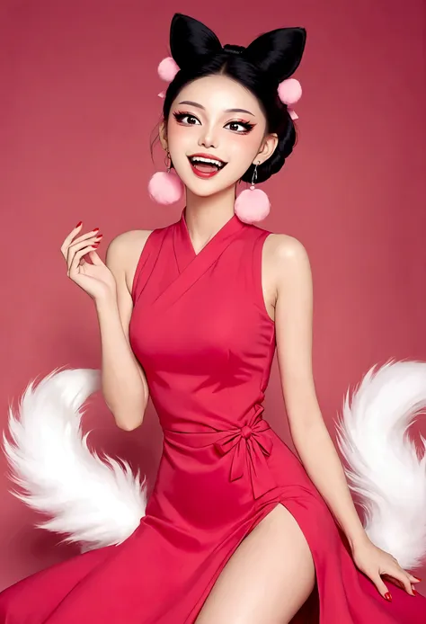 《Daji》Beautiful face，beautiful eyes，Pink Eyeshadow，laughing out loud，Fangs，(((9 big, fluffy tails)))，Black high bun，Pink pompom earrings，Sexy red sleeveless dress，Beautiful hands with red nails