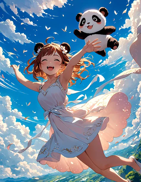 masterpiece, Top quality, Stills, A girl, (Floating in the air), cloud girl, cloud,bright, Happy, pleasure, soft light, Panda ears