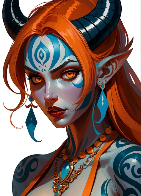 (((masterpiece))), (((best quality: 1.4))), ((Super Detail: 1.4)) , An extremely detailed gouache painting of a female tiefling, Disgusted look, angry, anger, Gorgeous exotic style, Amber neon eyes:1.5,  Orange Hair, Extremely detailed facial features, Exp...