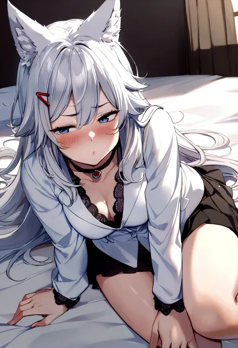 (1girl), ((mature women)), (solo), ((blue eyes)), squinted eyes, ((long hair)), ((white hair)), (wolf ears), (messy hair), headwear, (hair clips), face blush, ((pouting expression)), arms at side, choker, (white jacket), (black skirt), ((lying position:1.5...