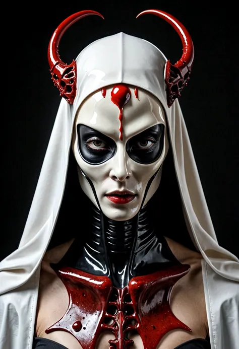 Tiro de medio cuerpo, hyperrealism photography, Beautiful model with avant-garde gelatin xenomorphic nun mask, cubierto de sangre, Renderizado de octanaje