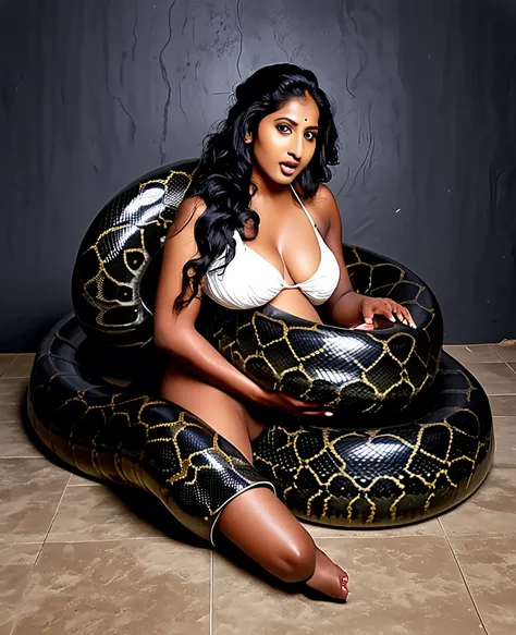  Pregnant Happy Horny, aroused 1girl), beautiful kneeling indian thick young teen girl  with  giant colossal black anaconda squeezing her hard, wrapped in thick spiraling coils, constricted, struggle, gasping for air, snake attack, snake peril, moonless ni...