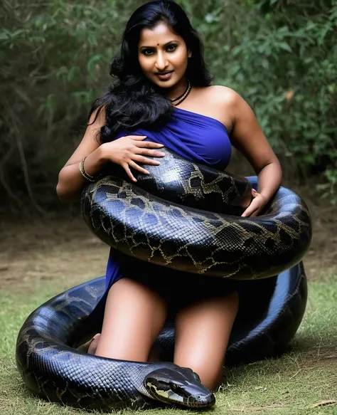  Pregnant Happy Horny, aroused 1girl), beautiful kneeling indian thick young teen girl  with  giant colossal black anaconda squeezing her hard, wrapped in thick spiraling coils, constricted, struggle, gasping for air, snake attack, snake peril, moonless ni...