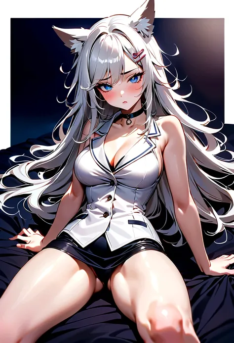 (1girl), ((mature women)), (solo), ((blue eyes)), squinted eyes, ((long hair)), ((white hair)), (wolf ears), (messy hair), headwear, (hair clips), face blush, ((pouting expression)), arms at side, choker, (white jacket), (black skirt), ((lying position:1.5...