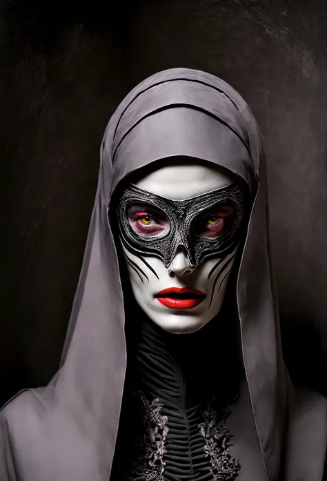 Tiro de medio cuerpo, hyperrealism photography, Beautiful model with avant-garde gelatin xenomorphic nun mask, cubierto de sangre, Renderizado de octanaje