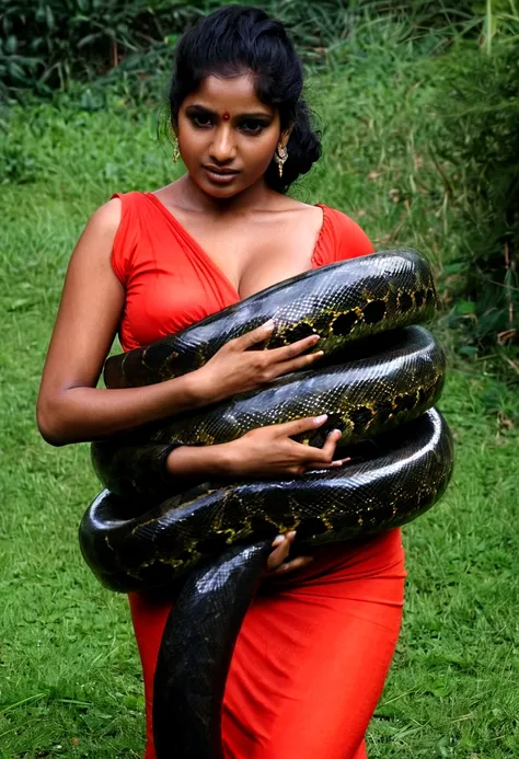  Pregnant Happy Horny, aroused 1girl), beautiful kneeling indian thick young teen girl  with  giant colossal black anaconda squeezing her hard, wrapped in thick spiraling coils, constricted, struggle, gasping for air, snake attack, snake peril, moonless ni...