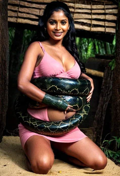  Pregnant Happy Horny, aroused 1girl), beautiful kneeling indian thick young teen girl  with  giant colossal black anaconda squeezing her hard, wrapped in thick spiraling coils, constricted, struggle, gasping for air, snake attack, snake peril, moonless ni...