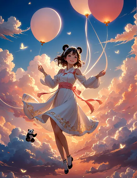 masterpiece, Top quality, Stills, A girl, (Floating in the air), cloud girl, cloud,bright, Happy, pleasure, Soft Light, Panda ears