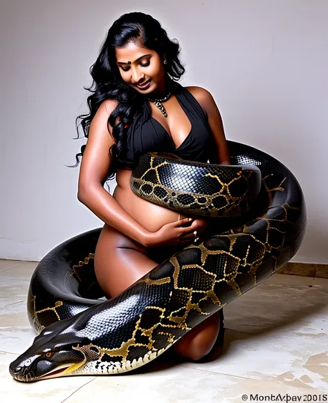  Pregnant Happy Horny, aroused 1girl), beautiful kneeling indian thick young teen girl  with  giant colossal black anaconda squeezing her hard, wrapped in thick spiraling coils, constricted, struggle, gasping for air, snake attack, snake peril, moonless ni...