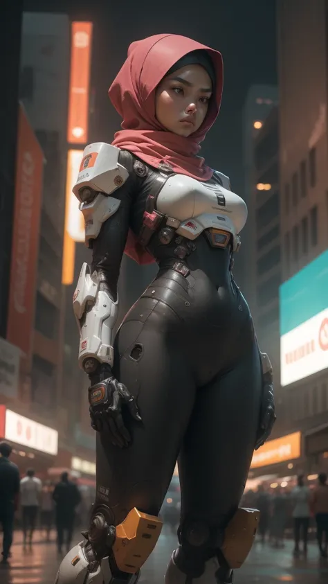 a malay teenage girl in hijab and mecha suit standing in action in front of bustling kuala lumpur malaysia city streets, serious face, nighttime, 35mm lens, Extreme close-up, pastel color grading, depth of field cinematography effect, film noir genre, 8k r...