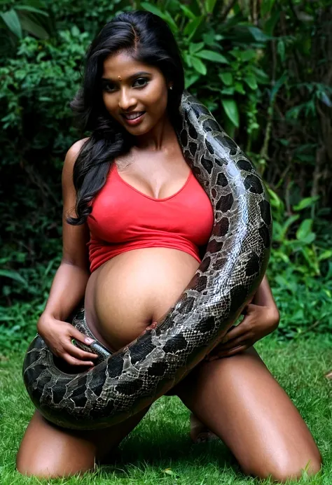  Pregnant Happy Horny, aroused 1girl), beautiful kneeling indian thick young teen girl  with  giant colossal black titanboa squeezing her hard, wrapped in thick spiraling coils, constricted, struggle, gasping for air, snake attack, snake peril, moonless ni...