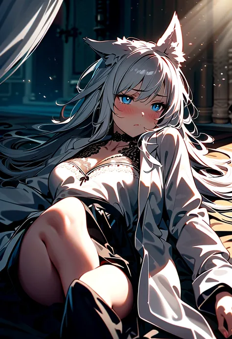 (1girl), ((mature women)), (solo), ((blue eyes)), squinted eyes, ((long hair)), ((white hair)), (wolf ears), (messy hair), headwear, (hair clips), face blush, ((pouting expression)), arms at side, choker, (white jacket), (black skirt), ((lying position:1.5...