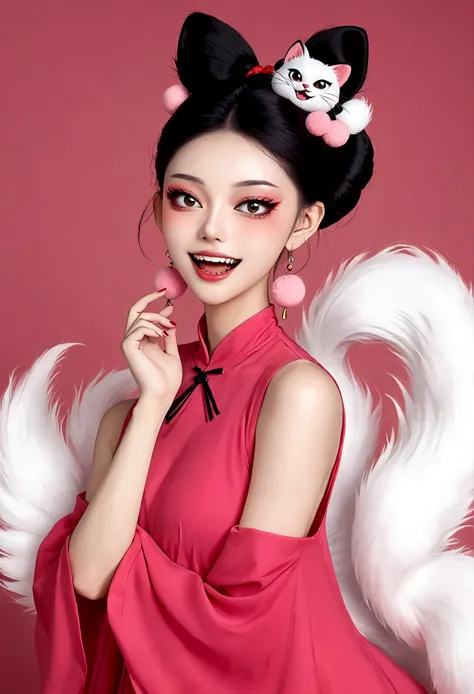 《daji》beautiful face，beautiful eyes，pink eyeshadow，laughing out loud，fangs，(((1 big, fluffy tail)))，black high bun，pink pompom e...