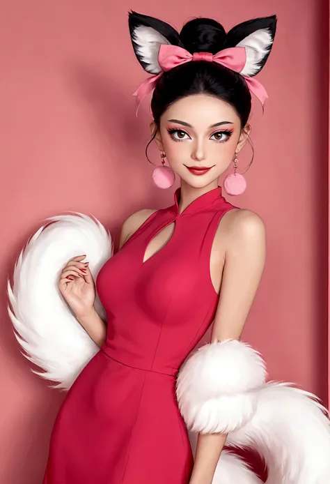 Beautiful face，beautiful eyes，Pink Eyeshadow，Smile，blush，(((9 big, fluffy tails)))，Black high bun，Pink pompom earrings，Sexy red sleeveless dress