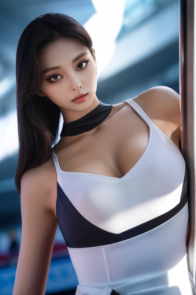 Tzuyu 1, woman, (Realistic), (Hyperrealism), (photoRealistic), Written boundary depth, eye make up:0.7 (whole body:1.2), (Large Bust),(Tight waist), Observe the audience,In the pits of a race track, Race Queen, A sexy dress with open shoulders and neckline