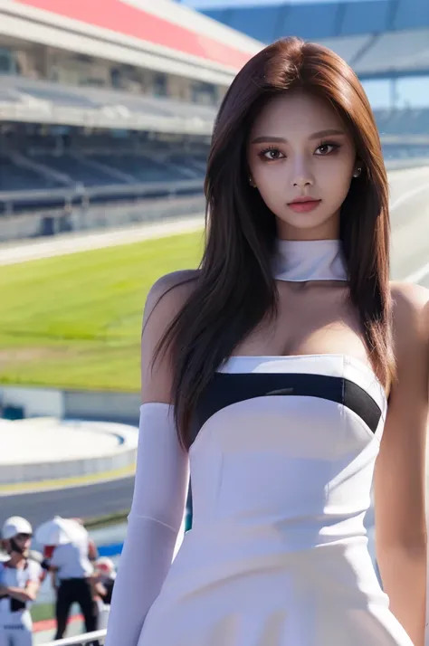 Tzuyu 1, woman, (Realistic), (Hyperrealism), (photoRealistic), Written boundary depth, eye make up:0.7 (whole body:1.2), (Large Bust),(Tight waist), Observe the audience,In the pits of a race track, Race Queen, A sexy dress with open shoulders and neckline