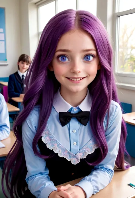 Best quality, masterpiece, close-up photography, ultra high resolution, realistic, 1 girl, (beautiful long purple hair), (almost normal light blue eyes), (open mouth smile), heterochromia, sit at your desk , with his hands on his cheeks, looks out the wind...