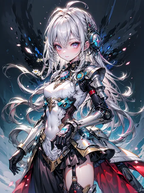 Mecha,masterpiece, cute, anime, beautiful, Very beautiful, girl, Silver gloves,,alone, Are standing, Holding a sword,Cowboy Shot、 View Audience, close, Silver Hair, Straight hair, Long Hair,  Starry Eyes, decided, strict, Paladin, Armor dress, Before the D...