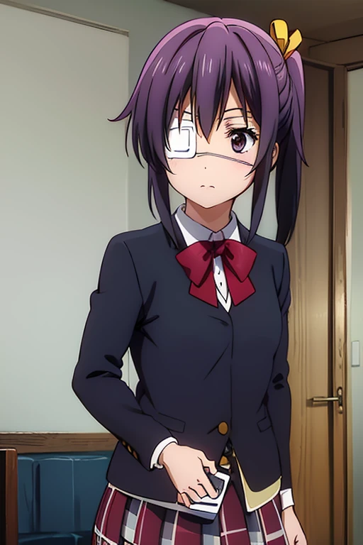 long burgundy hair tied in a pigtail, gray plaid skirt, burgundy eyes, eye patch on the right eye, and a long green blazer.