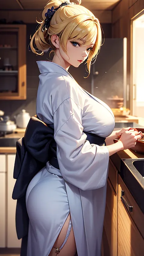 masterpiece, high quality, 4K, Beautiful design, silhouette，blonde， Very detailed，kitchen， wonderful, Finer details,  Very knowledgeable woman, Very detailedなソロ, 1 female,Big Breasts，Butt，Underwear Line，Yukata in white color，cooking，