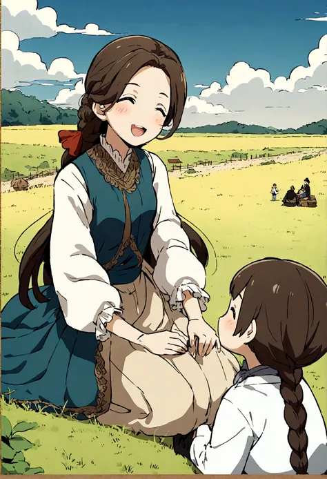 anime style, 1man sitting on the ground, 1girl  braiding the mans long hair, family, happy, cowboy clothes, countryside