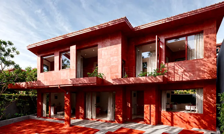 3-story house, 5m wide facade, 20m length, sloping roof covered with red tiles, garden on the front of the 2nd floor, view from below, from afar, wide angle, morning, modern style, photo true.